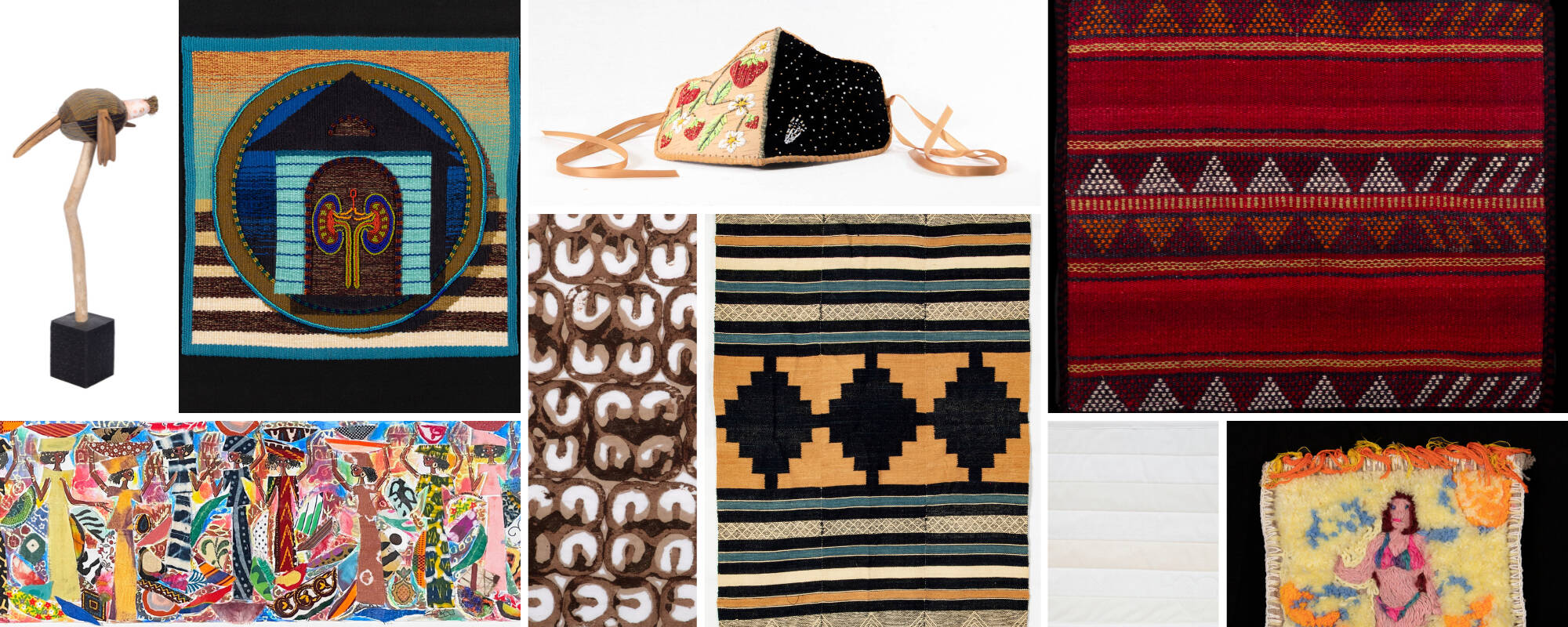 Collage of nine different images from the GVSU Art Museum Collection that represent different forms of textiles.